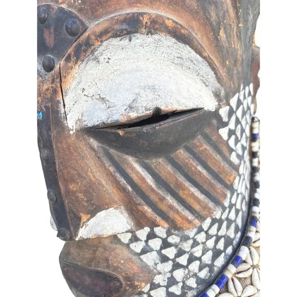 Ibo Tribe Tribal HEALING Mask Cowrie Shells Zebra Mane Metal Work details Large